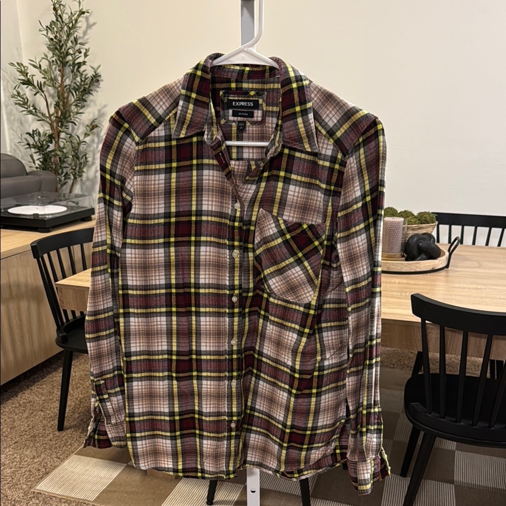 Express Maroon and Yellow Flannel Plaid Button Down Shirt
